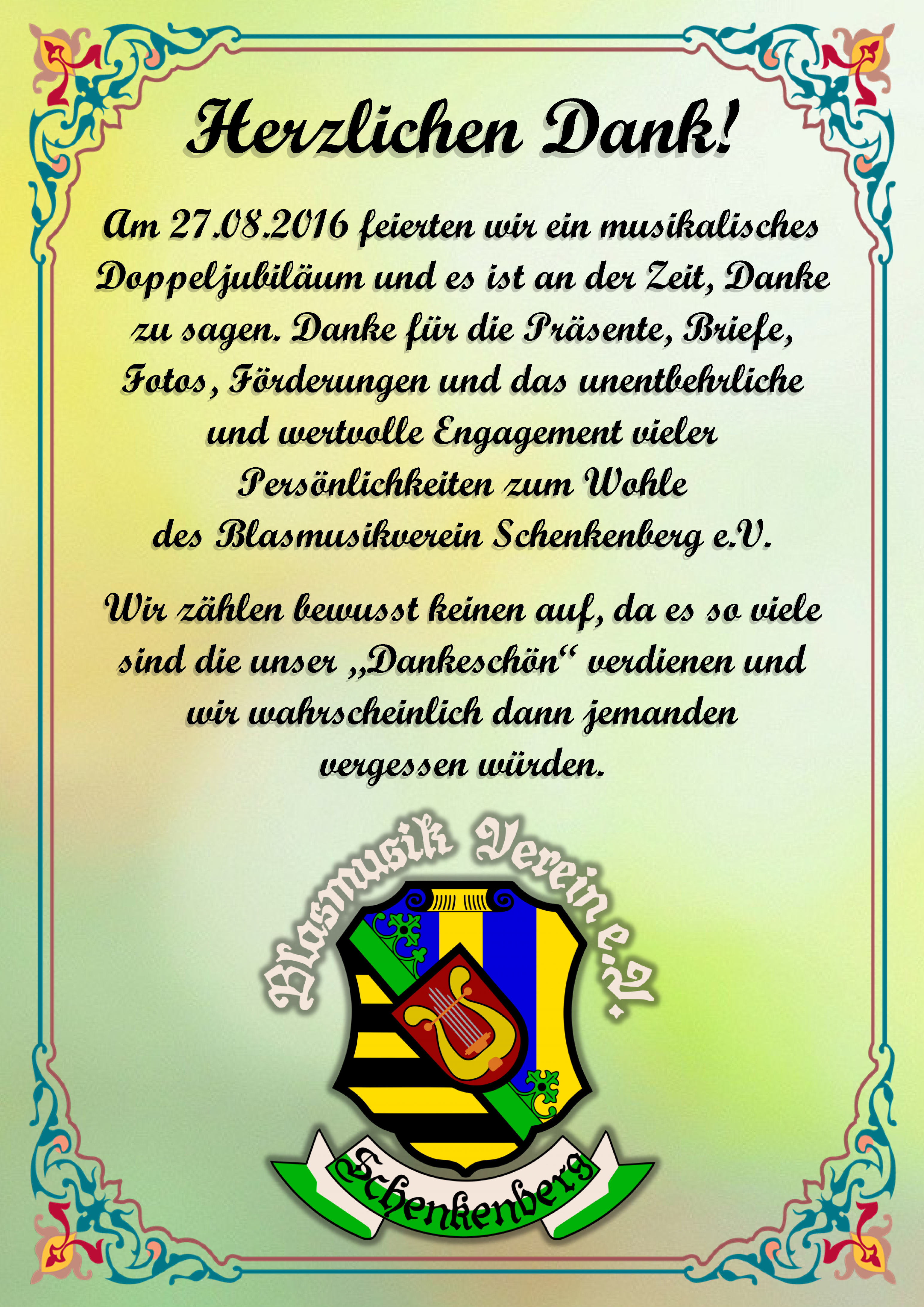 Herzlichen Dank 2016 - Blasmusikverein Schenkenberg e.V.